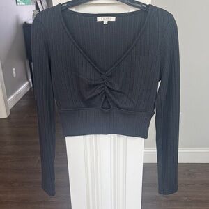 Z Supply Black Ribbed V-Neck Ruched Long-Sleeve Crop Top Small